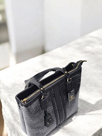 A SINIF BİRİNCİ KALİTE İŞÇİLİK SİYAH-GRİ DOKULU KROKO KADIN EL OMUZ ÇANTASI