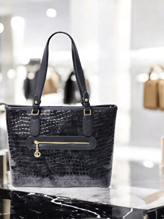 A SINIF BİRİNCİ KALİTE İŞÇİLİK SİYAH-GRİ DOKULU KROKO KADIN EL OMUZ ÇANTASI