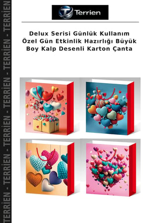 Delux Serisi Günlük Kullanım Özel Gün Etkinlik Hazırlığı Büyük Boy Kalp Desenli Karton Çanta