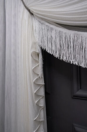 Çelik Sol Yalancı Kruvaze Halat İle Yana Toplamalı Tek Kanat Püskülü  Eteği Kurşunlu Tül Perde