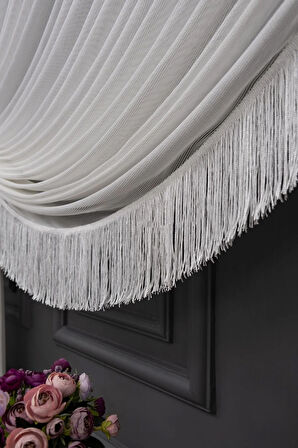 Çelik Sol Yalancı Kruvaze Halat İle Yana Toplamalı Tek Kanat Püskülü  Eteği Kurşunlu Tül Perde