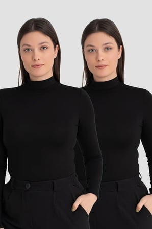 Premium Örme Giysi Rahat Bluz Trend Tasarım Kadın Siyah Balıkçı Yaka Uzun Kollu Body 2'li Paket