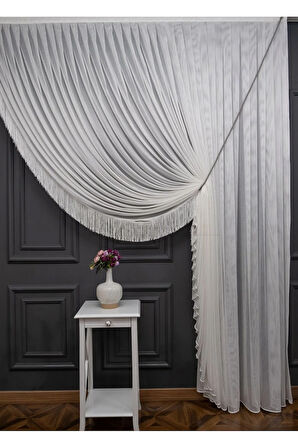 Çelik Sağ Yalancı Kruvaze Halat İle Yana Toplamalı Tek Kanat Püskülü  Eteği Kurşunlu Tül Perde