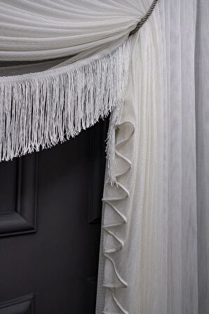 Çelik Sağ Yalancı Kruvaze Halat İle Yana Toplamalı Tek Kanat Püskülü  Eteği Kurşunlu Tül Perde