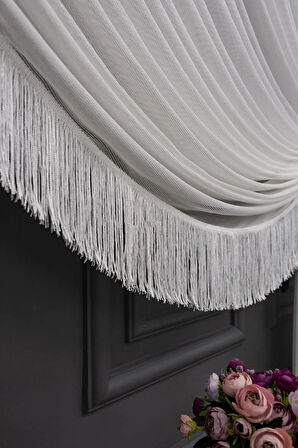 Çelik Sağ Yalancı Kruvaze Halat İle Yana Toplamalı Tek Kanat Püskülü  Eteği Kurşunlu Tül Perde