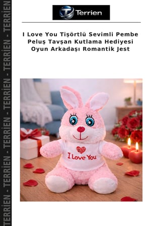 I Love You Tişörtlü Sevimli Pembe Peluş Tavşan Kutlama Hediyesi Oyun Arkadaşı Romantik Jest