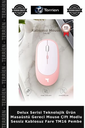 Delux Serisi Teknolojik Ürün Masaüstü Gereci Mouse Çift Modlu Sessiz Kablosuz Fare TM16 Pembe