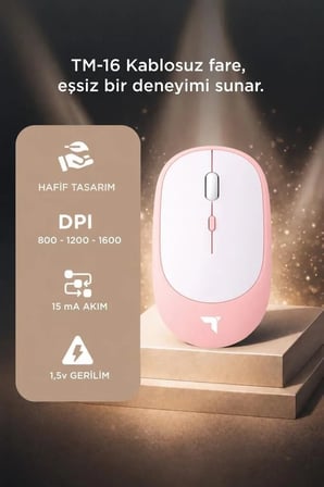 Delux Serisi Teknolojik Ürün Masaüstü Gereci Mouse Çift Modlu Sessiz Kablosuz Fare TM16 Pembe