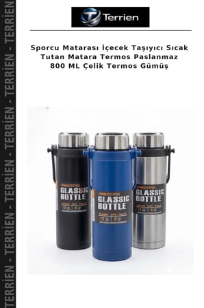 Sporcu Matarası İçecek Taşıyıcı Sıcak Tutan Matara Termos Paslanmaz 800 ML Çelik Termos Gümüş