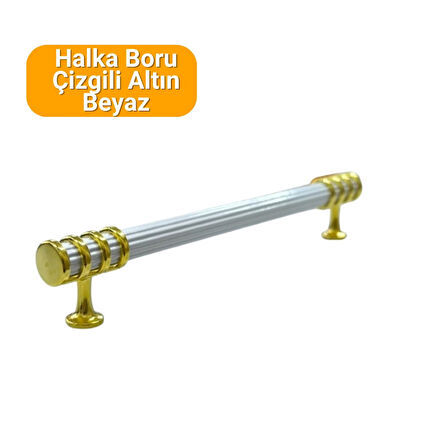 4 Adet Halka Boru Çizgili Altın Beyaz Metal Mobilya Kulpu 160mm