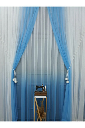 Çocuk Odası Yeni Tasarım Mavi Renkli Renk Geçişli Değrade Sağ/sol Takım Tül Fon Perde