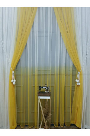 Çocuk Odası Yeni Tasarım Sarı Renkli Renk Geçişli Değrade Sağ/sol Takım Tül Fon Perde