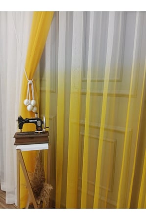 Çocuk Odası Yeni Tasarım Sarı Renkli Renk Geçişli Değrade Sağ/sol Takım Tül Fon Perde