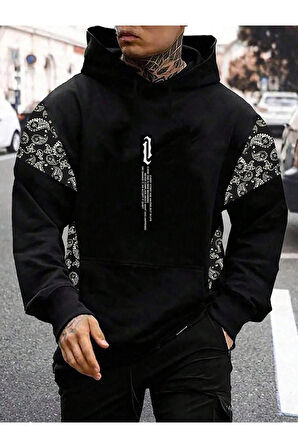 Erkek Dikey Baskılı Desenli Oversize Kapşonlu Sweatshirt