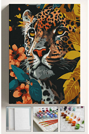 Sayılarla Boyama Seti Numaralı Tuval Fırça Boya 40x50 Cm Yapraklar İçinde Leopar