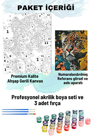 Sayılarla Boyama Seti Numaralı Tuval Fırça Boya 40x50 Cm Yapraklar İçinde Leopar