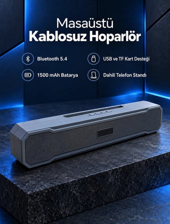 Yatay Formlu Telefon Standlı Type C Şarj Girişli Bluetooth Masaüstü Ses Sistemi