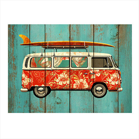 Çiçek Desenli Minibüs Desenli Ahşap Tablo 50cmX 70cm