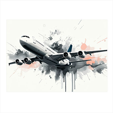 Kalkış Yapan Uçak Çizimi Desenli Ahşap Tablo 25cmX 35cm