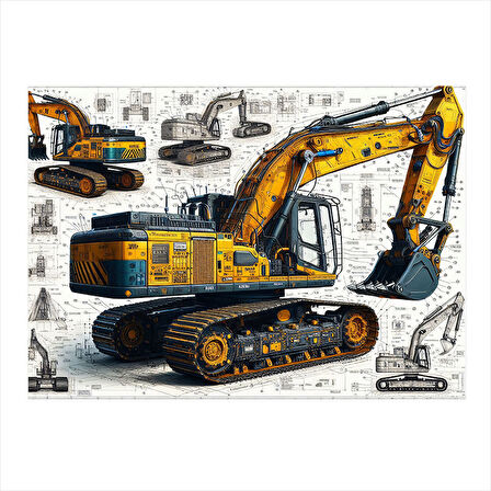 Sarı İş Makinesi Çizimi Tasarım Ahşap Tablo 35cm X50cm