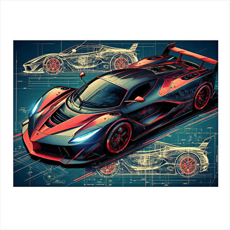 Kırmızı Spor Araba Çizimi Model Ahşap Tablo 35cm X50cm