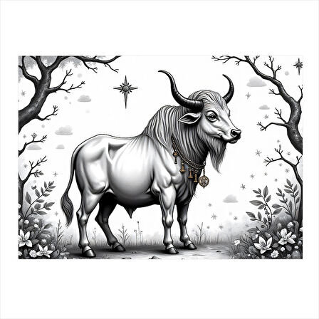 Siyah Beyaz Boğa Figürü Desenli Ahşap Tablo 25cmX 35cm