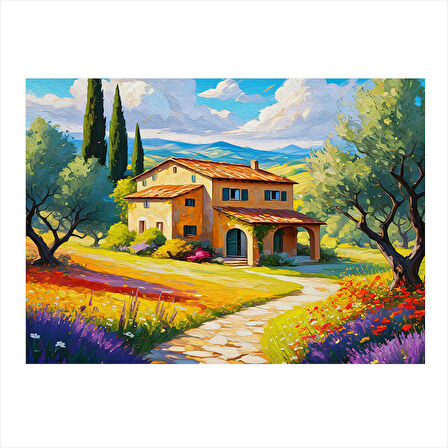 Bahar Çiçekleri Ve Villa Desenli Mdf Tablo 25cmX 35cm