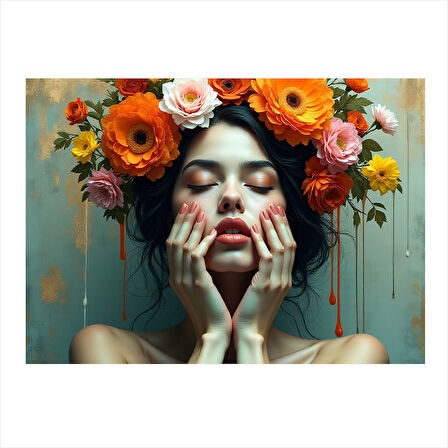 Çiçekli Kadın Portresi Tasarım Mdf Tablo 25cmX 35cm