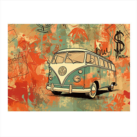 Çizgili Nostaljik Minibüs Tasarım Ahşap Tablo 25cmX 35cm