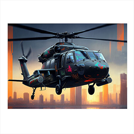 Gece Uçuş Helikopteri Model Ahşap Tablo 35cm X50cm