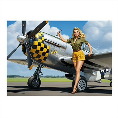 Sarı Uçak Ve Kadın Figürü Mdf Tablo 25cmX 35cm