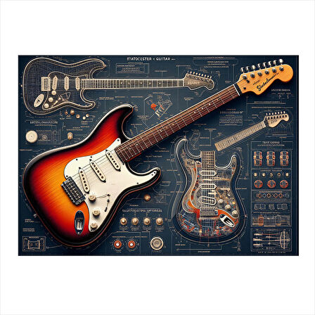 Kırmızı Elektro Gitar Planı Modern Ahşap Tablo 25cmX 35cm