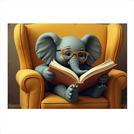 Koltukta Kitap Okuyan Fil Model Ahşap Tablo 25cmX 35cm