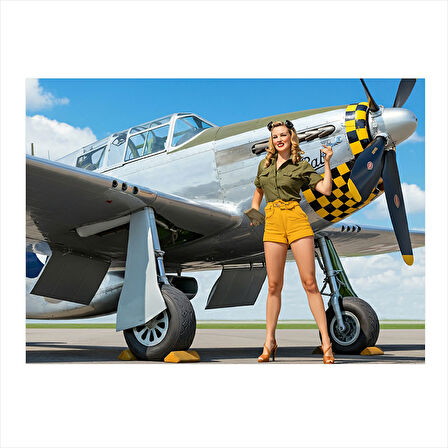 Kadın Ve Savaş Uçağı Sahnesi Dekoratif Mdf Tablo 25cmX 35cm
