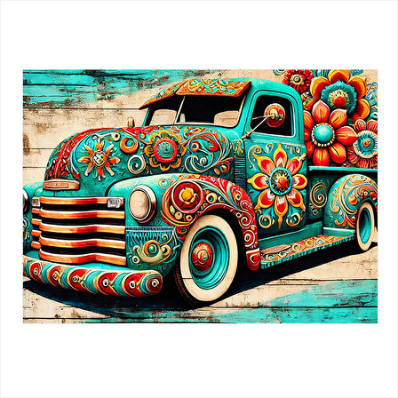 Çiçek Desenli Nostaljik Araba Modern Mdf Tablo 35cm X50cm