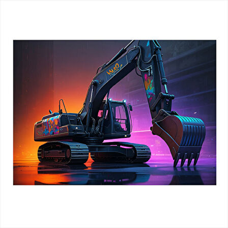 Parlak Ekskavatör Çizimi Model Ahşap Tablo 25cmX 35cm
