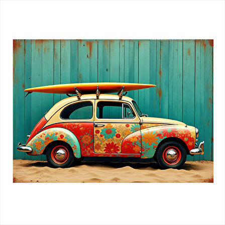 Çiçek Desenli Nostaljik Araba Tasarım Mdf Tablo 35cm X50cm