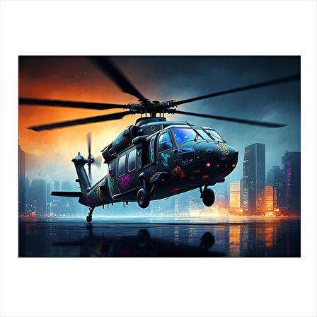 Şehirde Helikopter Uçuşu Desenli Ahşap Tablo 25cmX 35cm