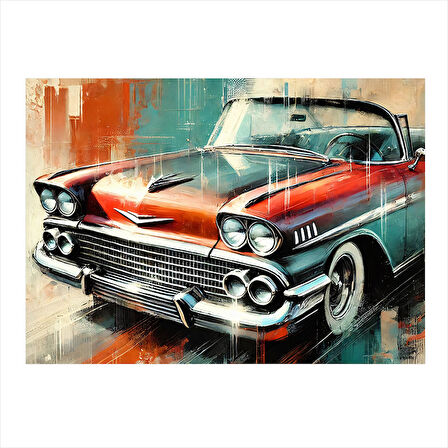 Kırmızı Klasik Araba Ön Görünüm Hediyelik Ahşap Tablo 50cmX 70cm