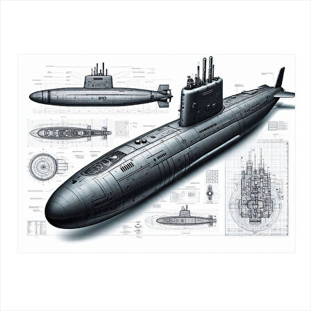 Denizaltı Teknik Çizimi Modern Mdf Tablo 50cmX 70cm