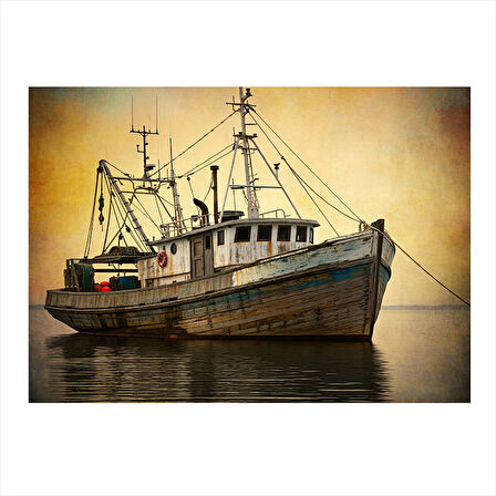 Balıkçı Gemisi Limanda Hediyelik Ahşap Tablo 35cm X50cm