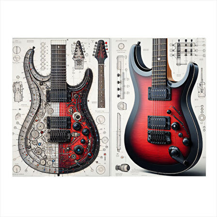 Renkli Elektro Gitar Tasarımı Desenli Ahşap Tablo 35cm X50cm