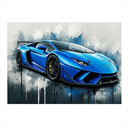 Mavi Lamborghini Çizimi Tasarım Ahşap Tablo 25cmX 35cm
