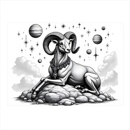 Dağ Keçisi İllüstrasyonu Desenli Ahşap Tablo 35cm X50cm