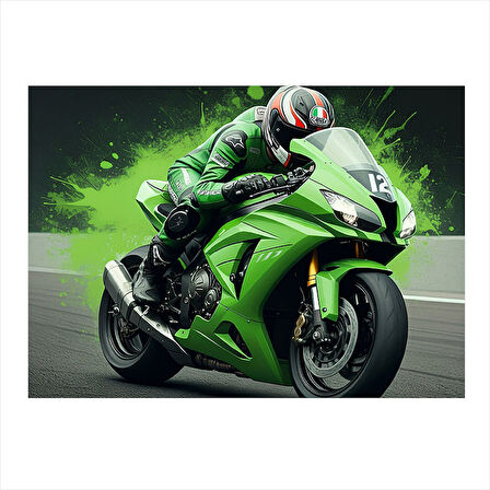 Yeşil Motosiklet Aksiyonu Model Ahşap Tablo 35cm X50cm