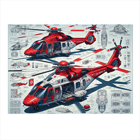 Kırmızı Sağlık Helikopter Çizimi Hediyelik Ahşap Tablo 35cm X50cm