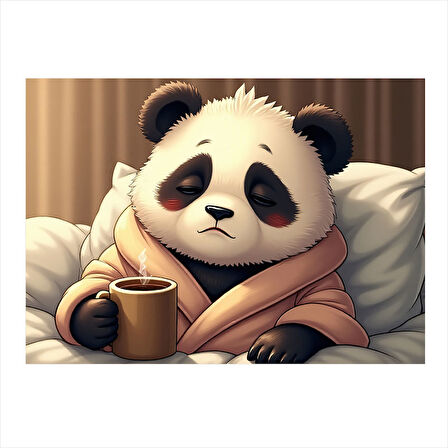 Kahve İçen Panda Figürü Dekoratif Mdf Tablo 35cm X50cm