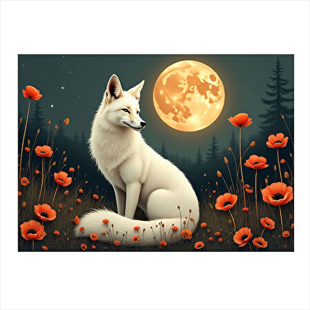 Ay Işığında Beyaz Tilki Modern Ahşap Tablo 25cmX 35cm