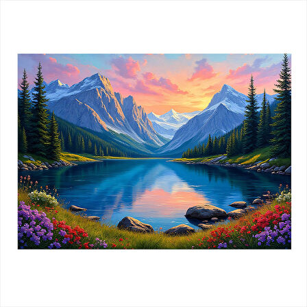 Renkli Dağ Gölü Manzarası Art Mdf Poster 25cmX 35cm
