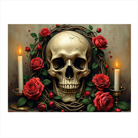 Kafatası Ve Kırmızı Güller Modern Mdf Tablo 50cmX 70cm